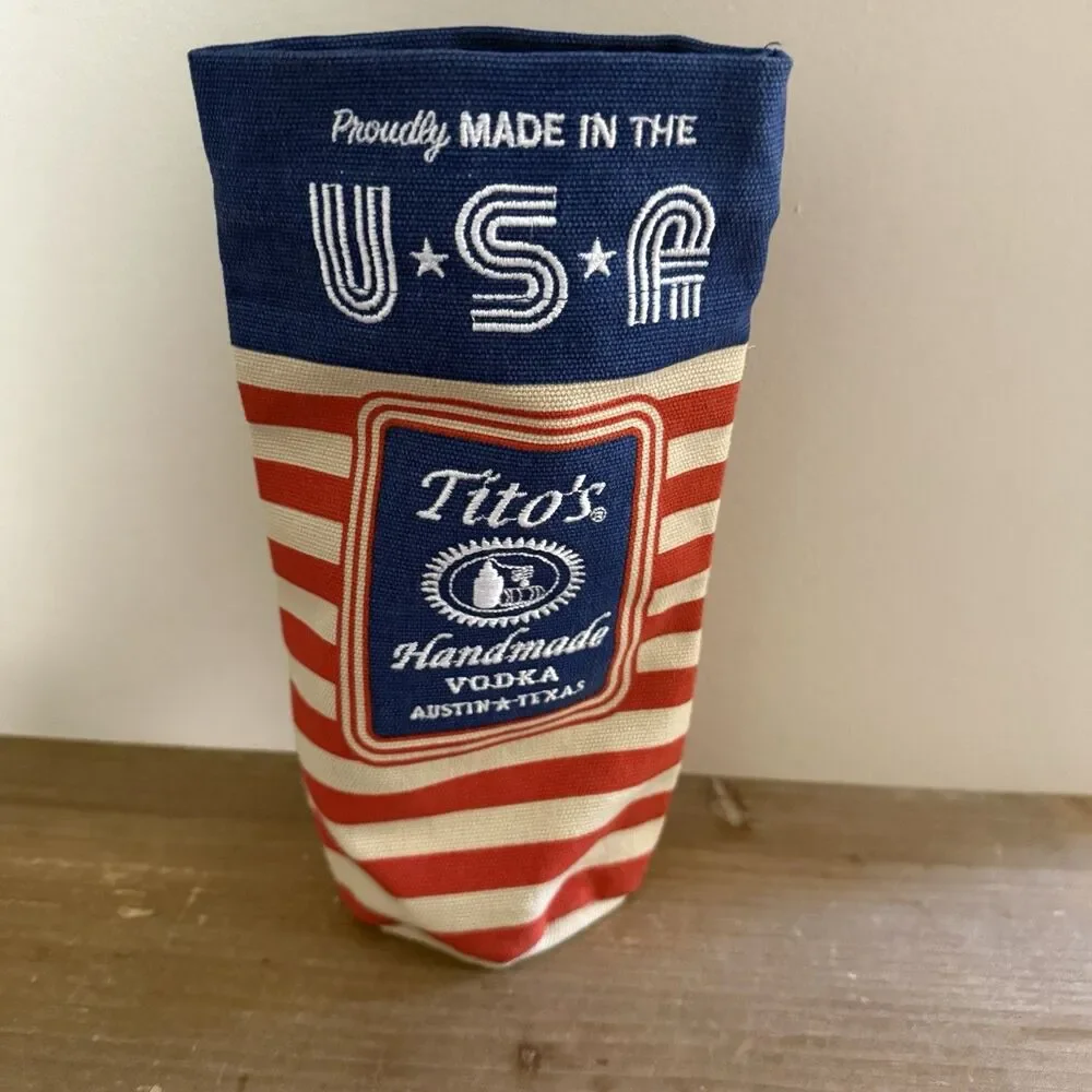 Tito's Handmade Vodka Austin TX Drawstring Canvas Burlap Gift Bag American Flag